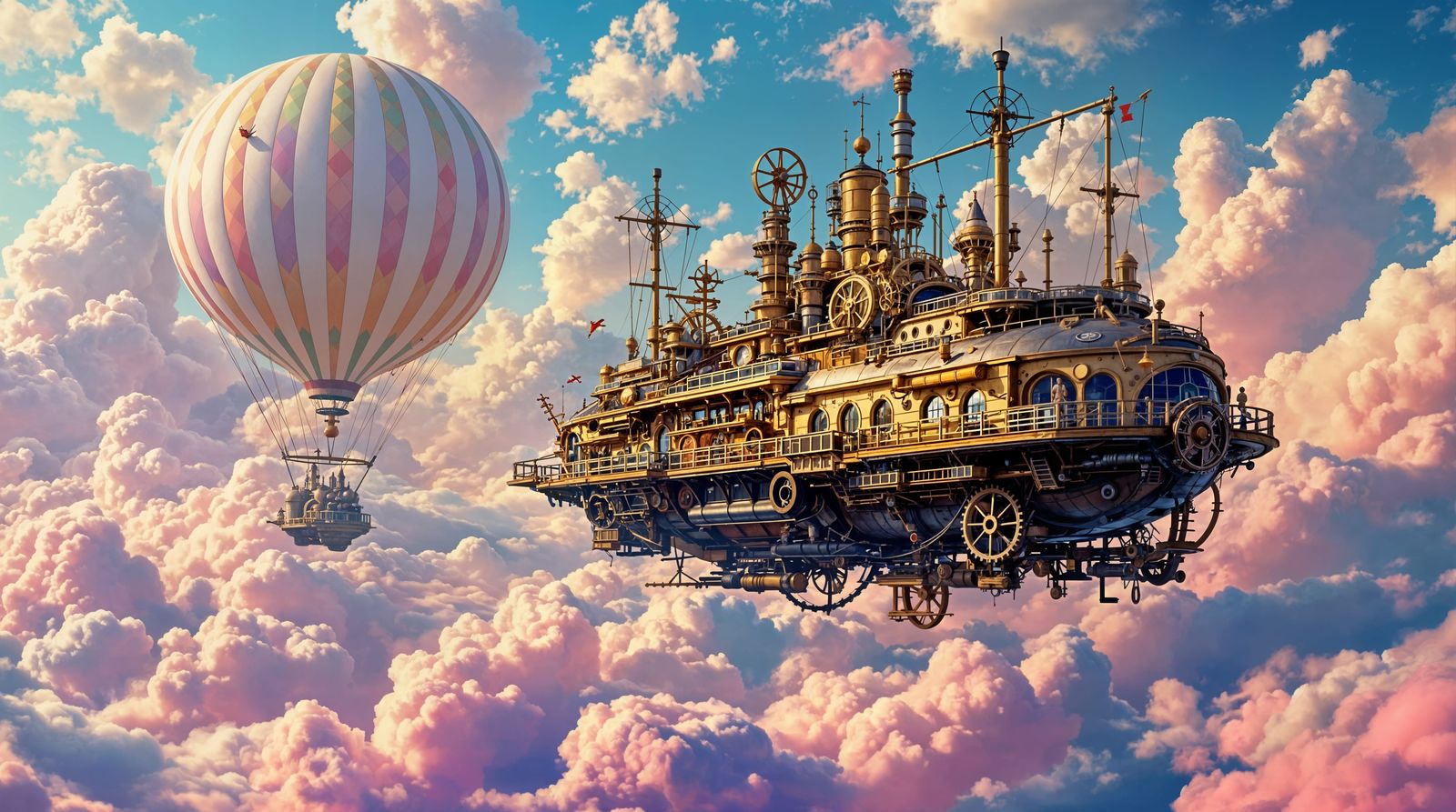 Steampunk Airship Soaring Through Cotton Candy Sky