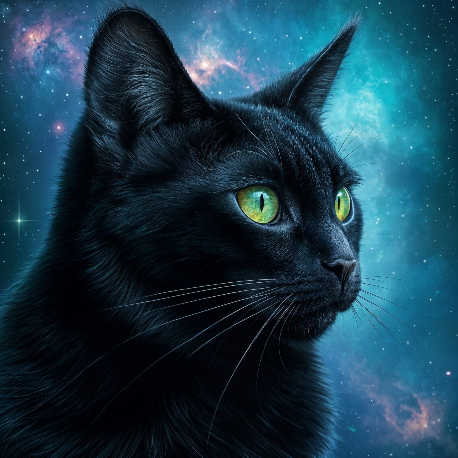 Surreal Feline Cosmic Portrait in Vibrant Digital Art