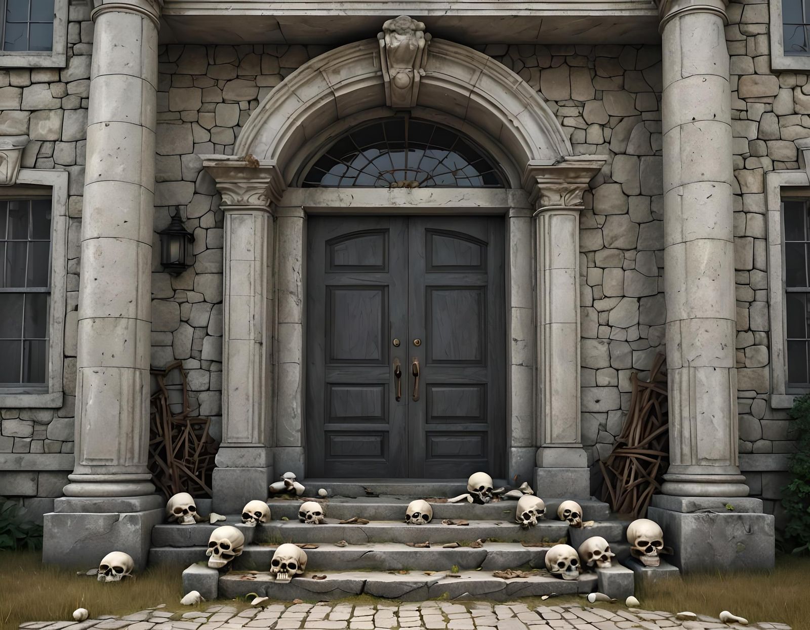 Creepy Mansion Entrance with Bones: 3D Illustration