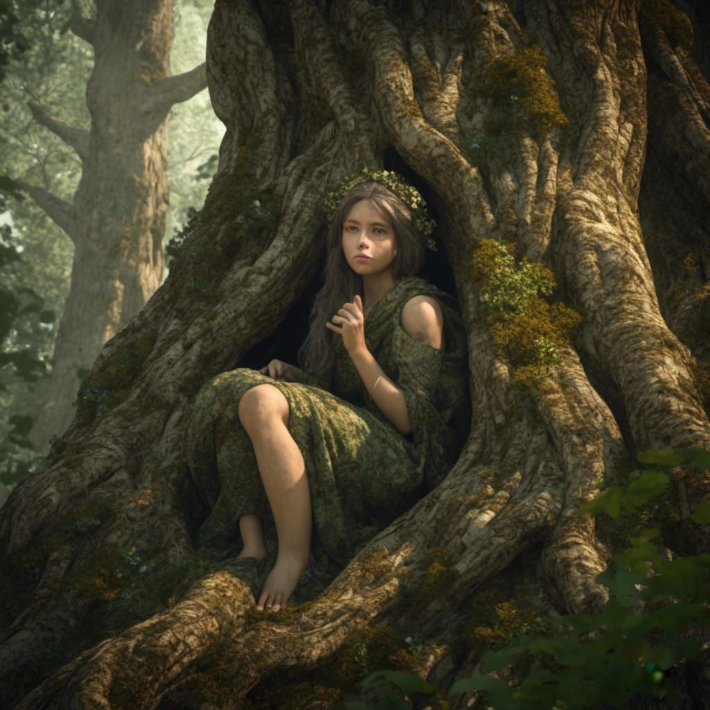 Forest Nymph Hiding in Tree, in Cyberpunk Style