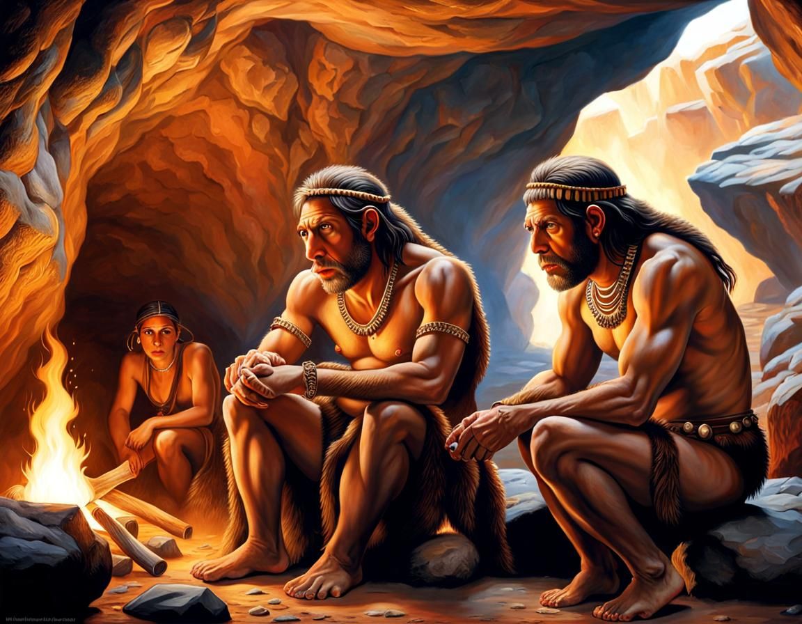 Neanderthals by Firelight in Cave with Paintings