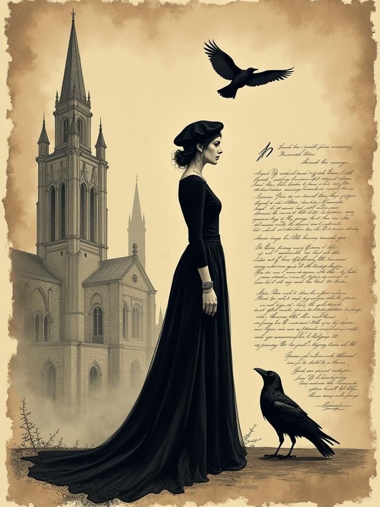 Gothic Woman with Crow and Bat on Parchment