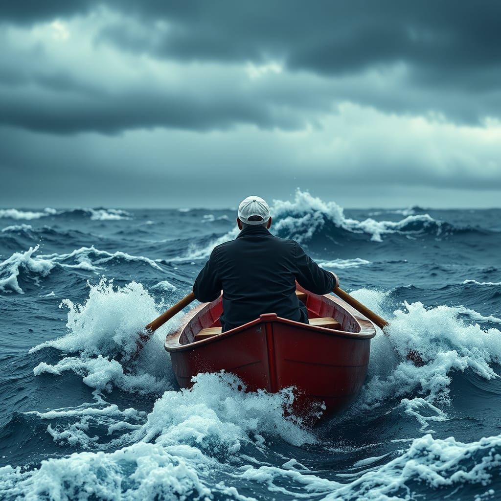 Figure Rowing in Stormy Seas, Photorealistic Style