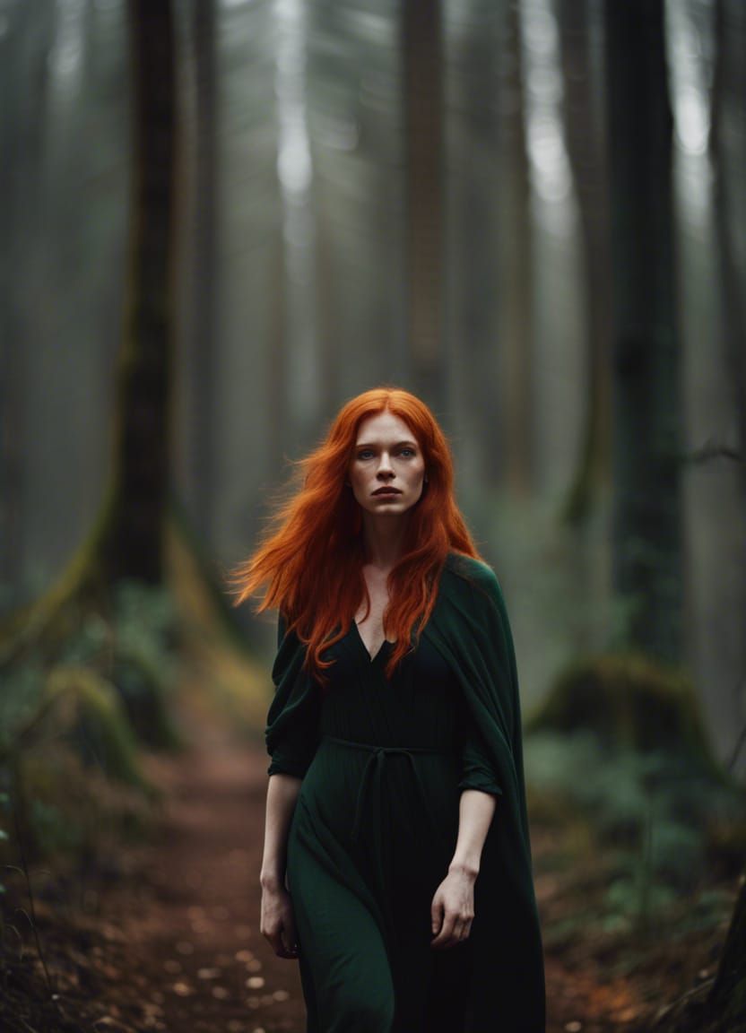 young ginger walking through a forest