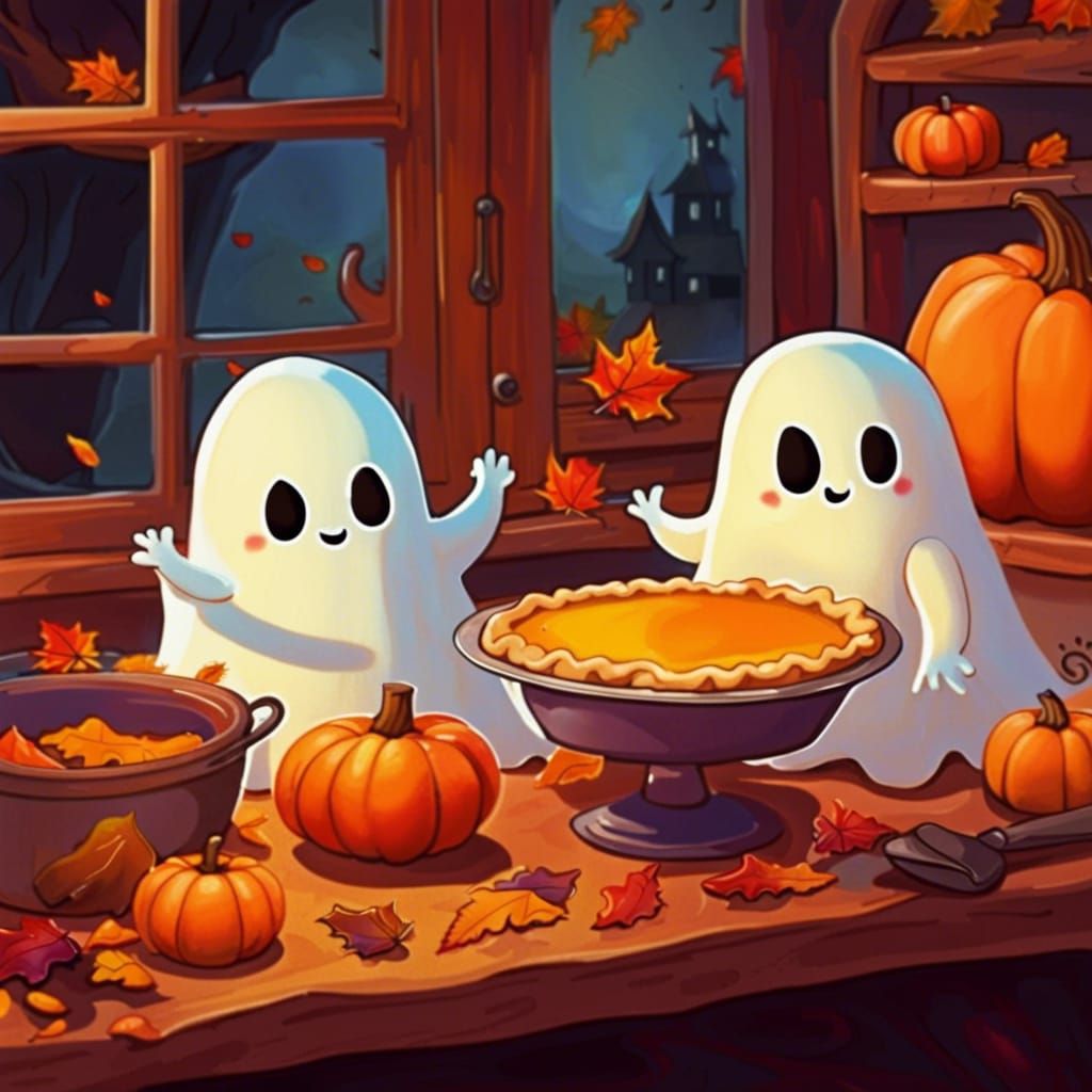 Cute Ghosts Baking Pie in Cozy Cabin