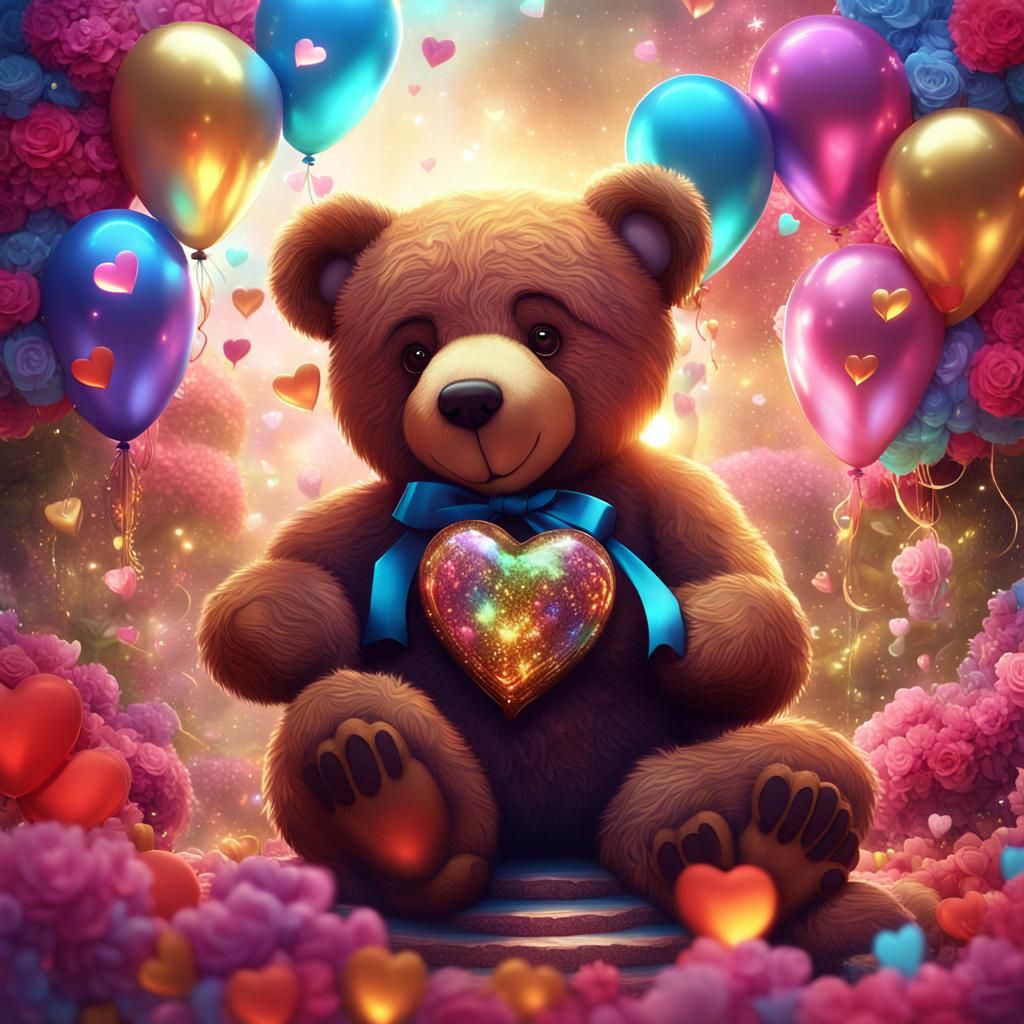 Whimsical Valentine Teddy Bear in a Dreamlike Wonderland