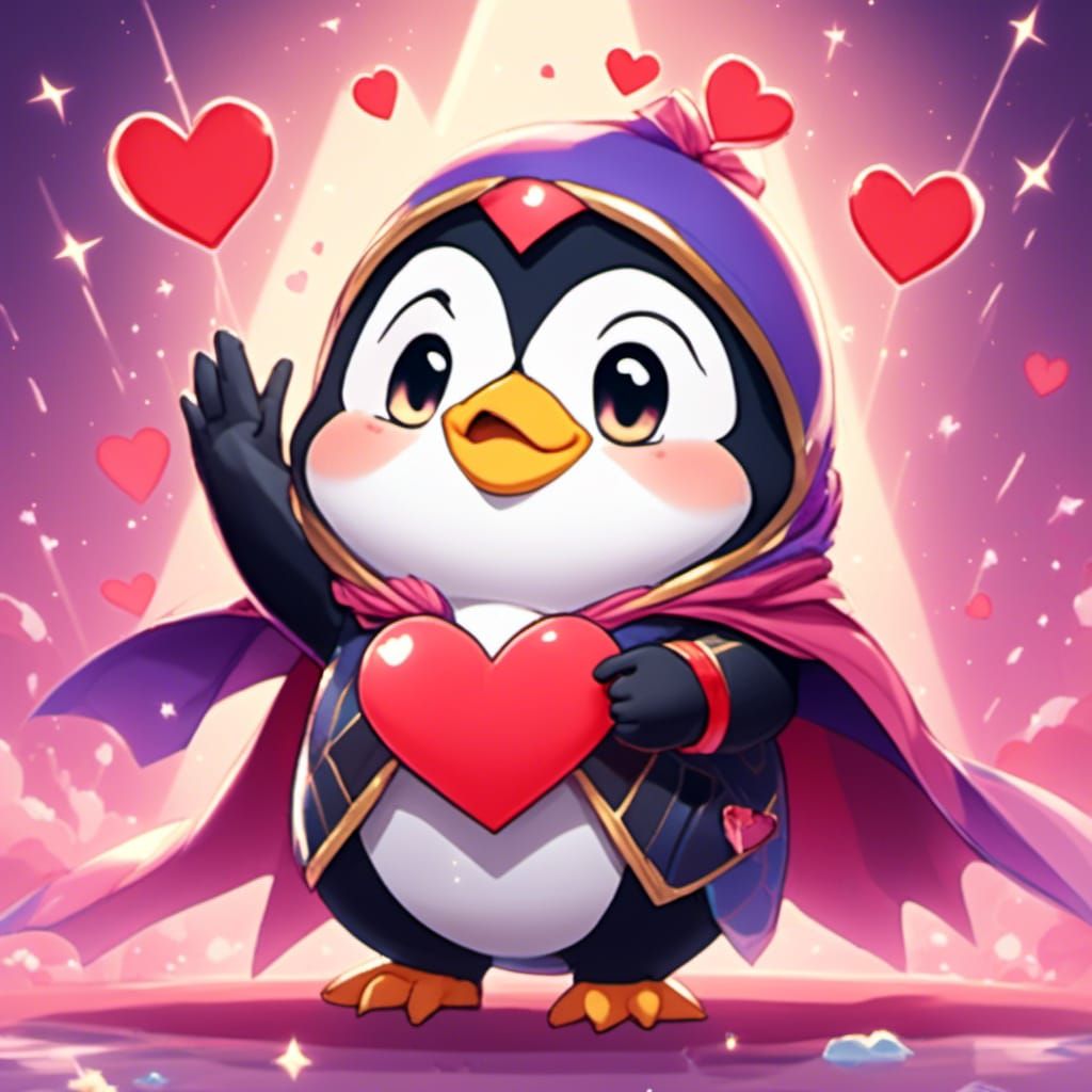 Penguin Superhero with Hearts in Manga Style