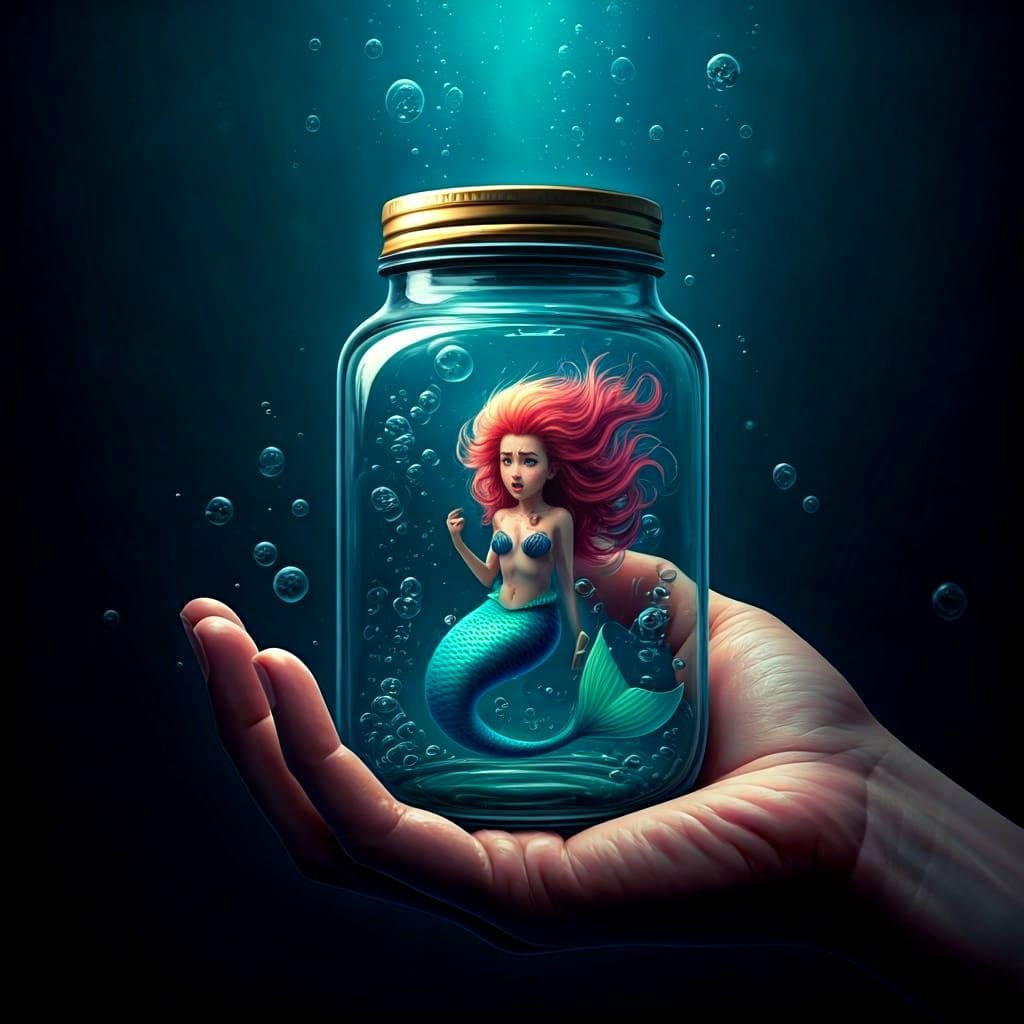 Upset Mermaid in a Jar: 8K Resolution Concept Art