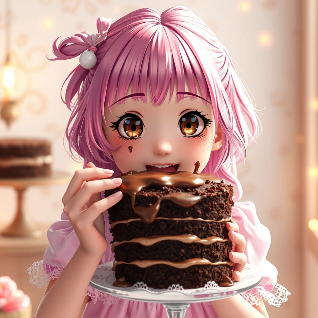 Whimsical Anime Girl Smears Chocolate Cake