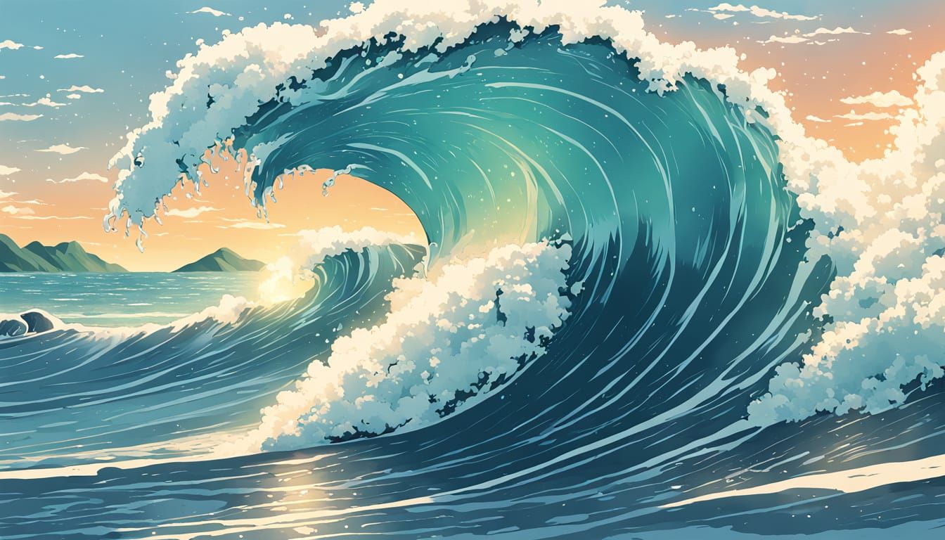 Surreal Anime Beach Scene with a Girl Riding a Wave