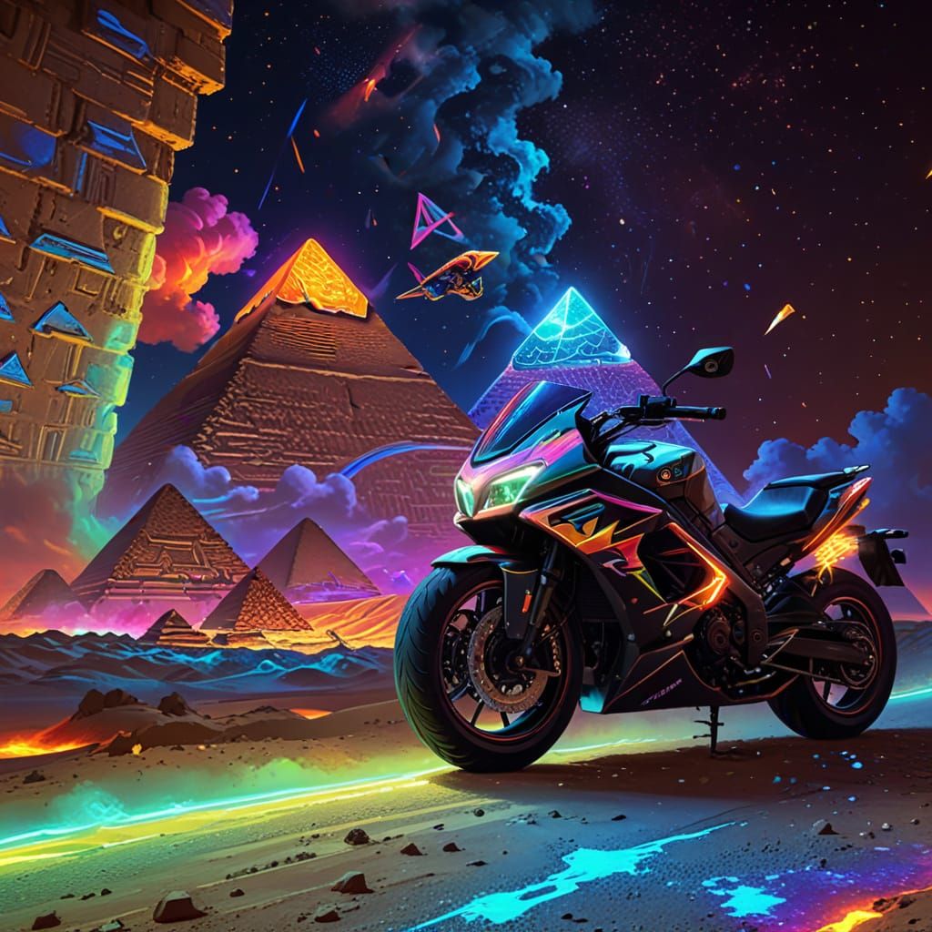 Rainbow Motorbike at Egyptian Pyramids in Fauvist Style