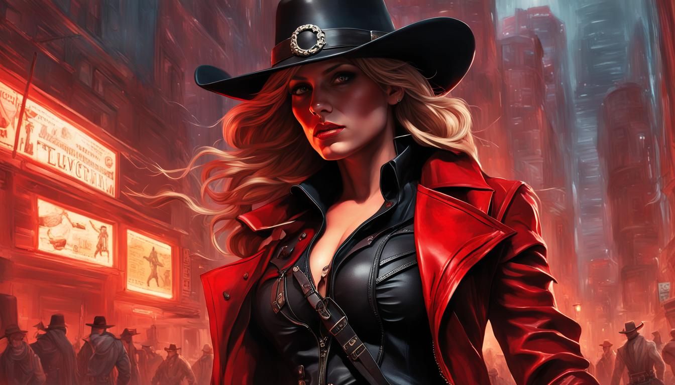 Female gunslinger, red and black cowboy outfit, walking in m...