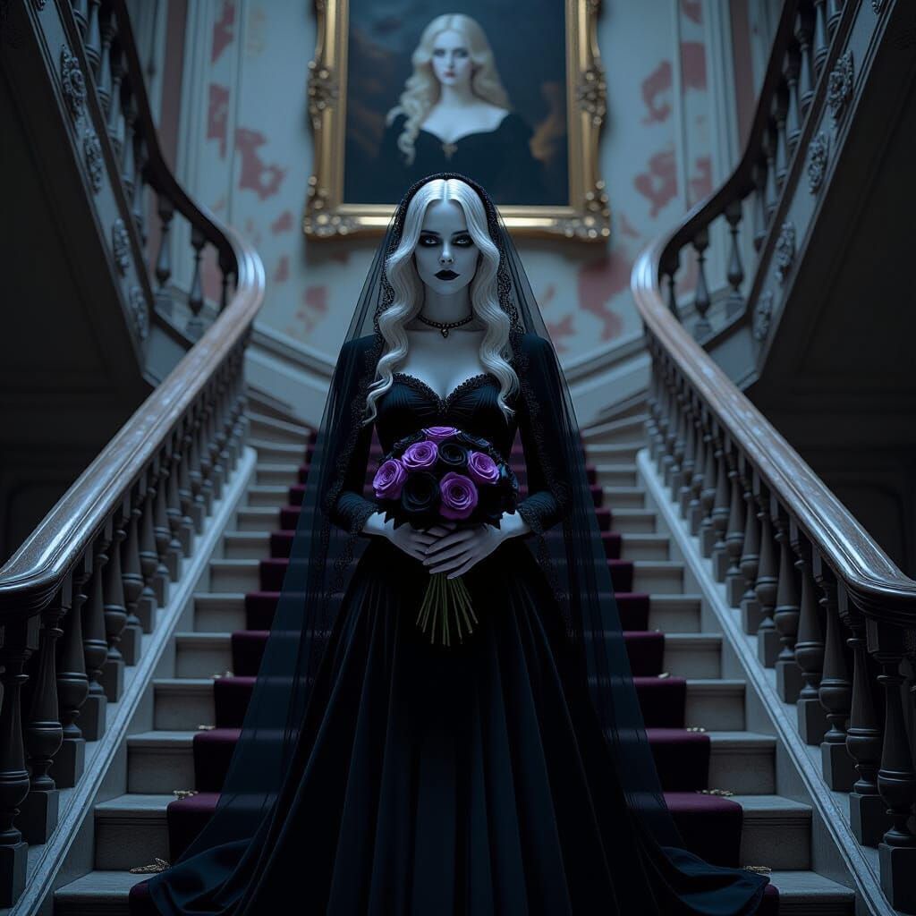 Ghostly Bride Descends Staircase in Decaying Mansion