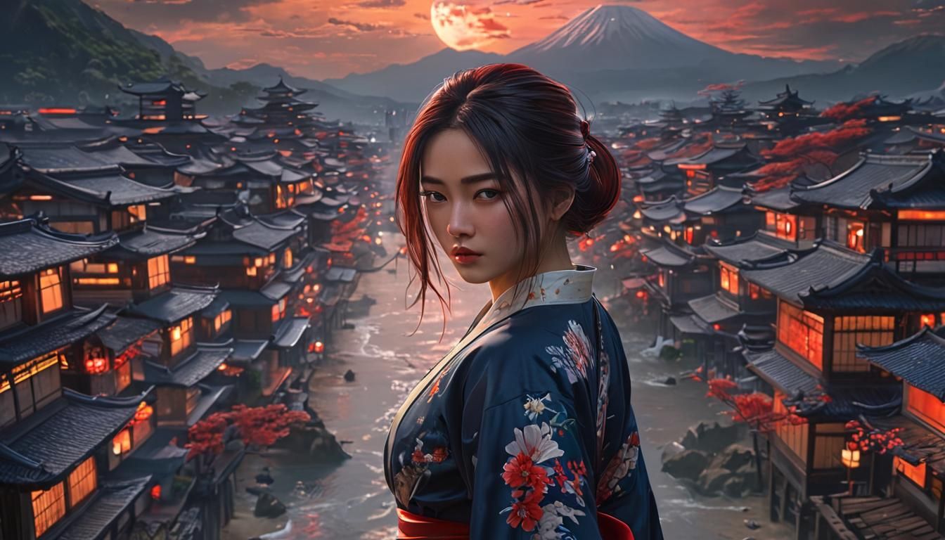 Japanese Fighter Under Red Moon in Hyperrealistic Style