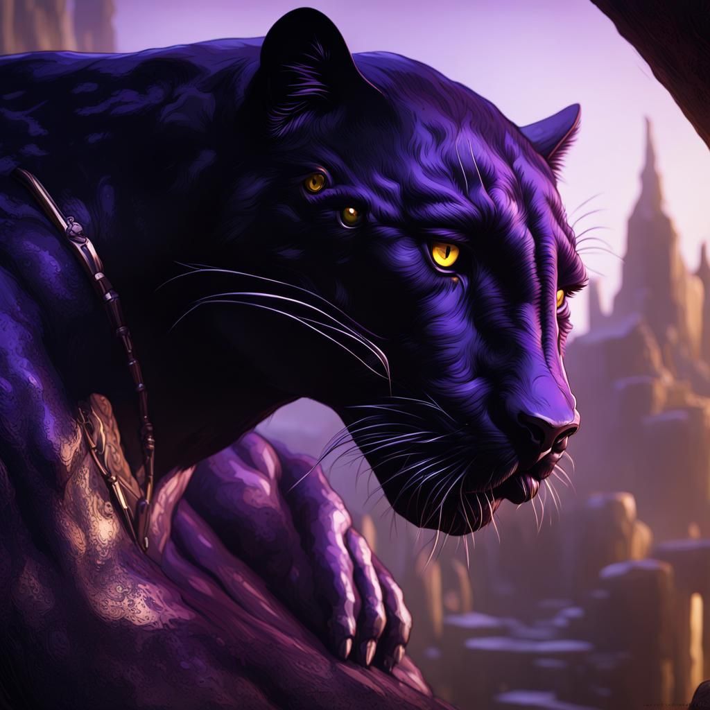 Hyperdetailed Dark Fantasy Panther in Purple and Yellow