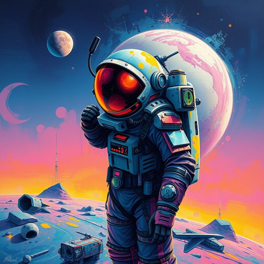 Retro Future Steampunk Astronaut in Vibrant, Neon Planet Lan...