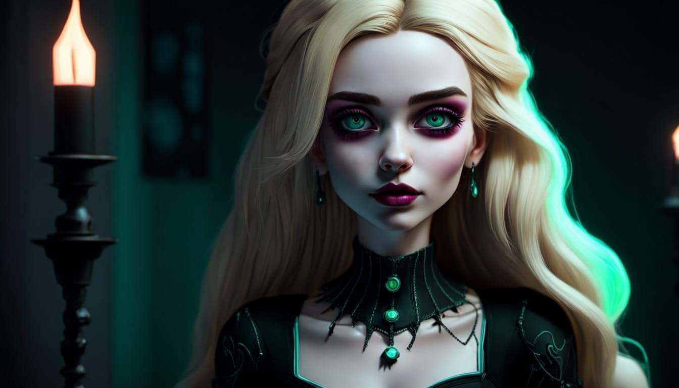 Goth Blonde Character with Visible Stitching in Neon Retro S...