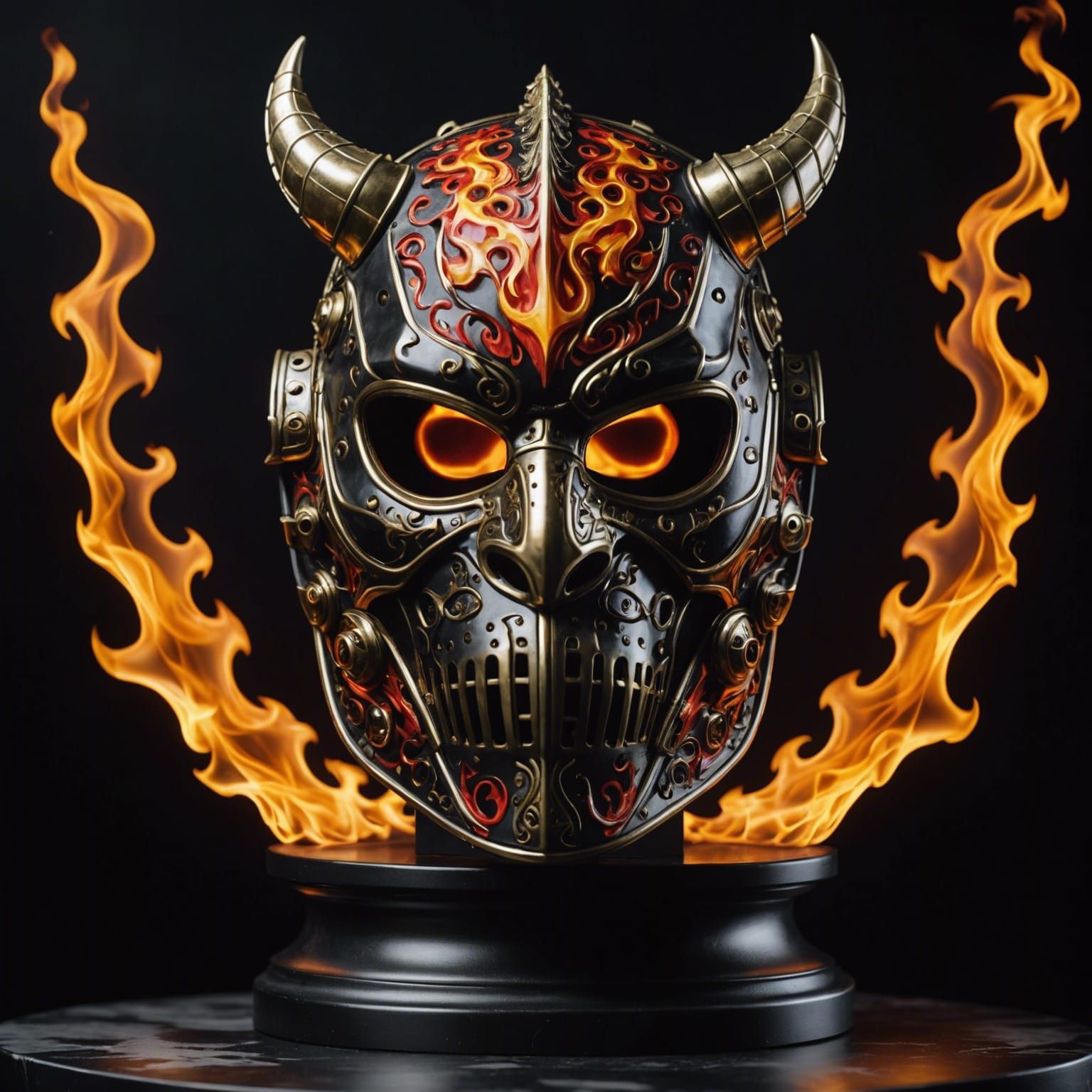 Fiery Dragon Hockey Goalie Mask on Onyx Pedestal