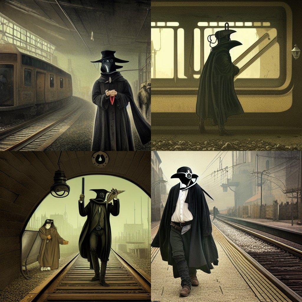 Plague Doctor Boards Train in Dystopian Art Nouveau Style