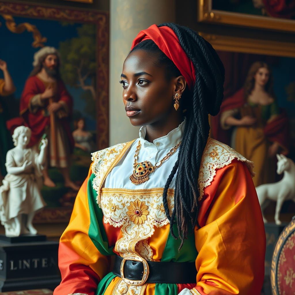 Elegant Renaissance Rasta Woman in Opulent Setting