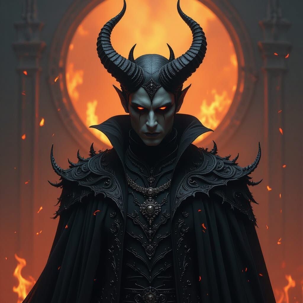 Ominous Horned Figure Amidst Fiery Flames