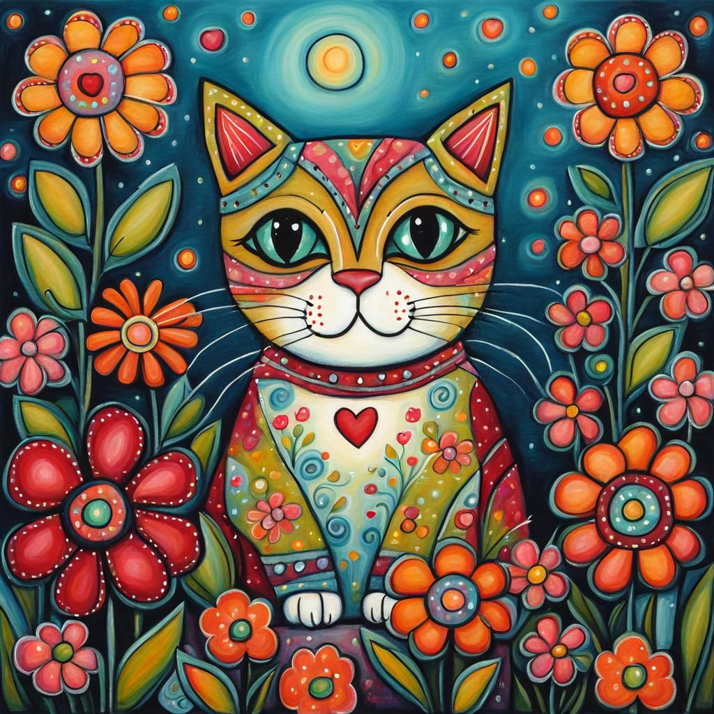 Folk Art Cat with Flowers in Naive Style
