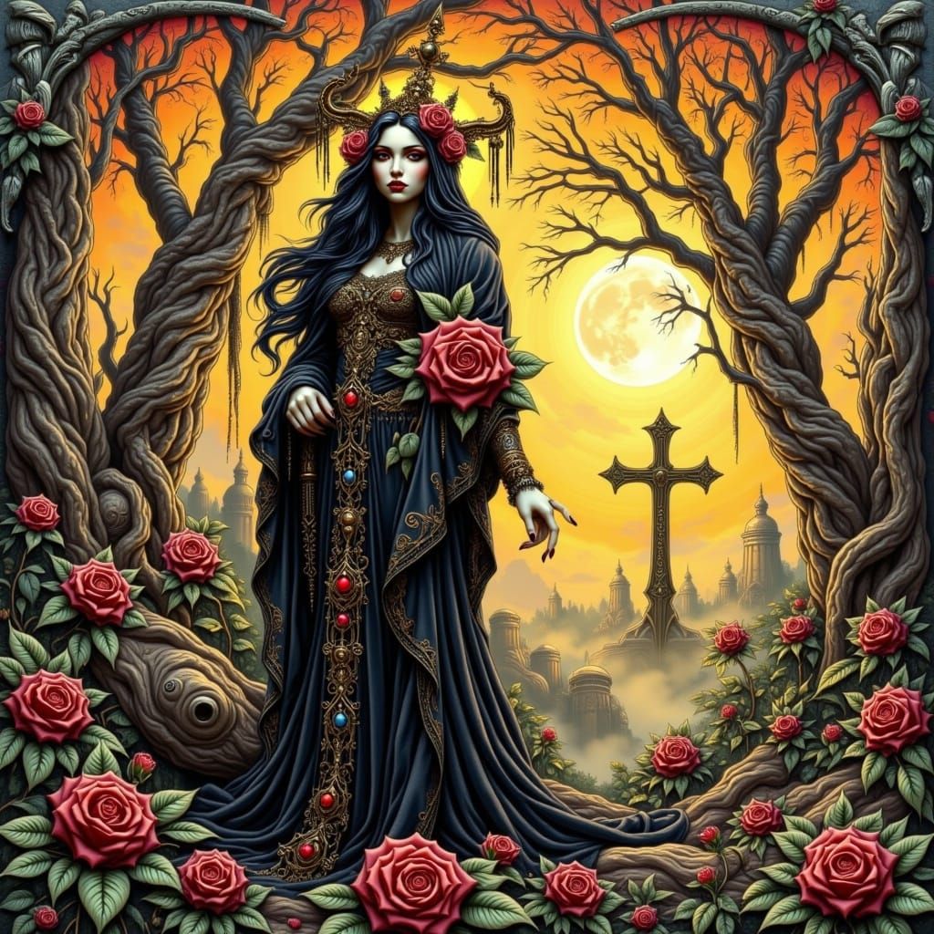 Gothic Mystic in Emerald Forest at Sunrise