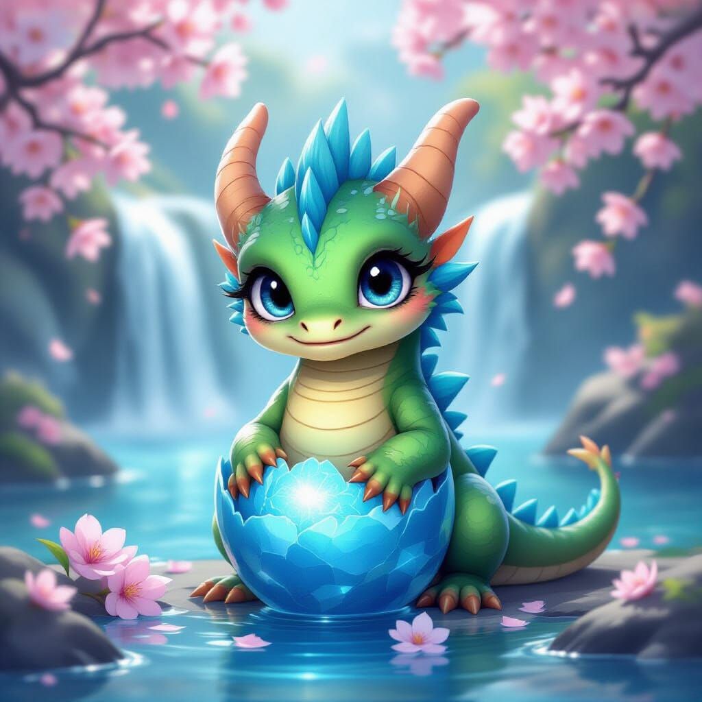 Baby Dragon Hatches from Crystal Egg by Waterfall