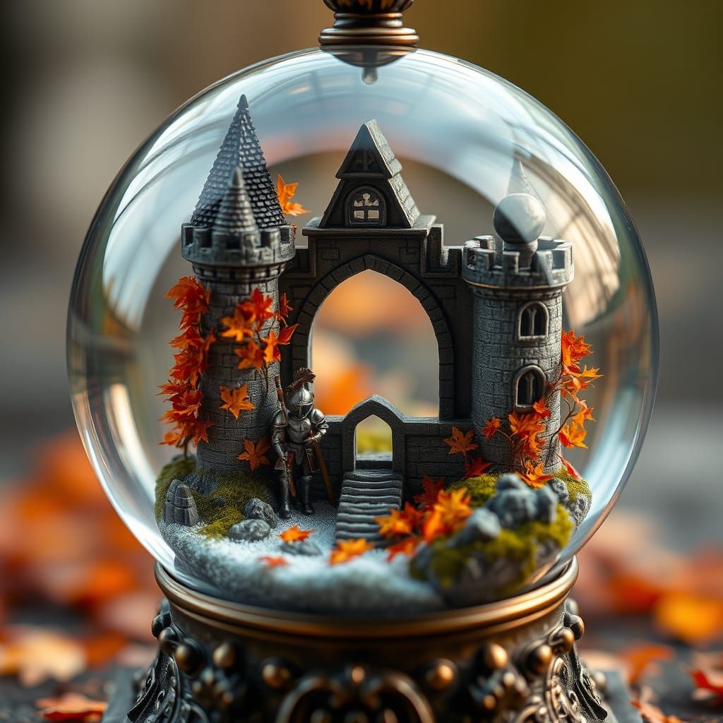 Fantasy Castle in Snow Globe with Autumn Knights