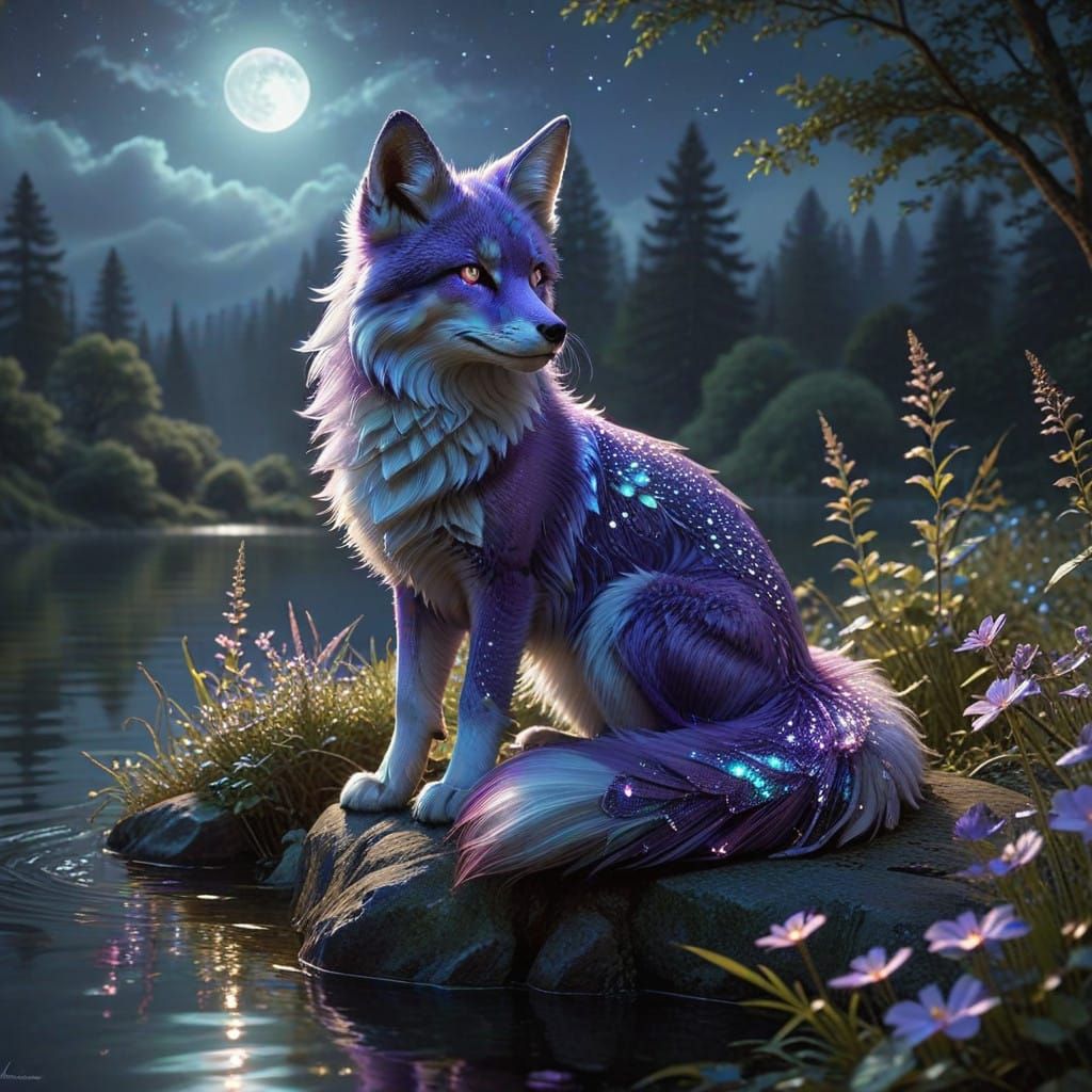 Majestic Purple Nine-Tailed Fox under Lunar Glow