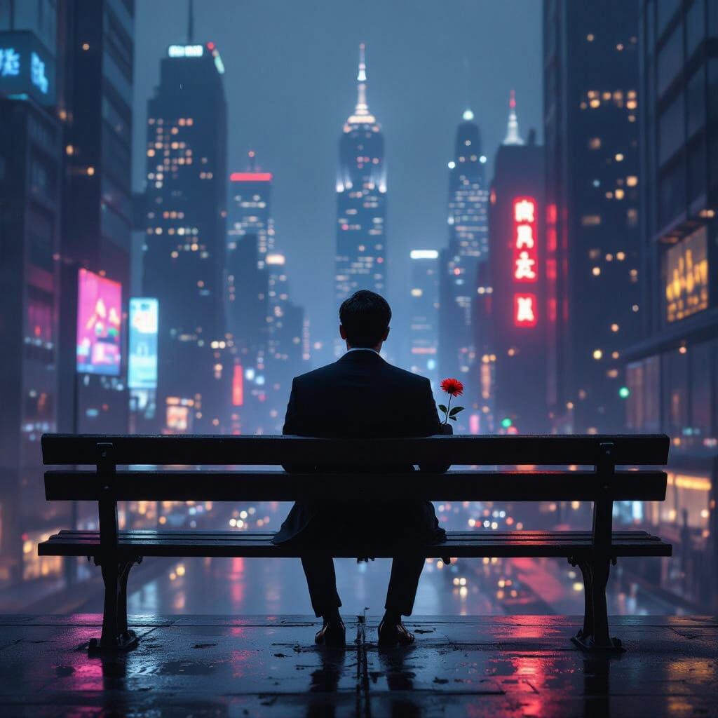 Melancholic Man in Futuristic Cityscape