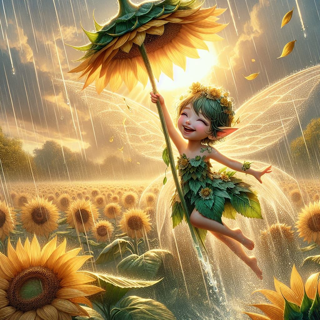 Fairy Uses Sunflower Umbrella in Rainy Field