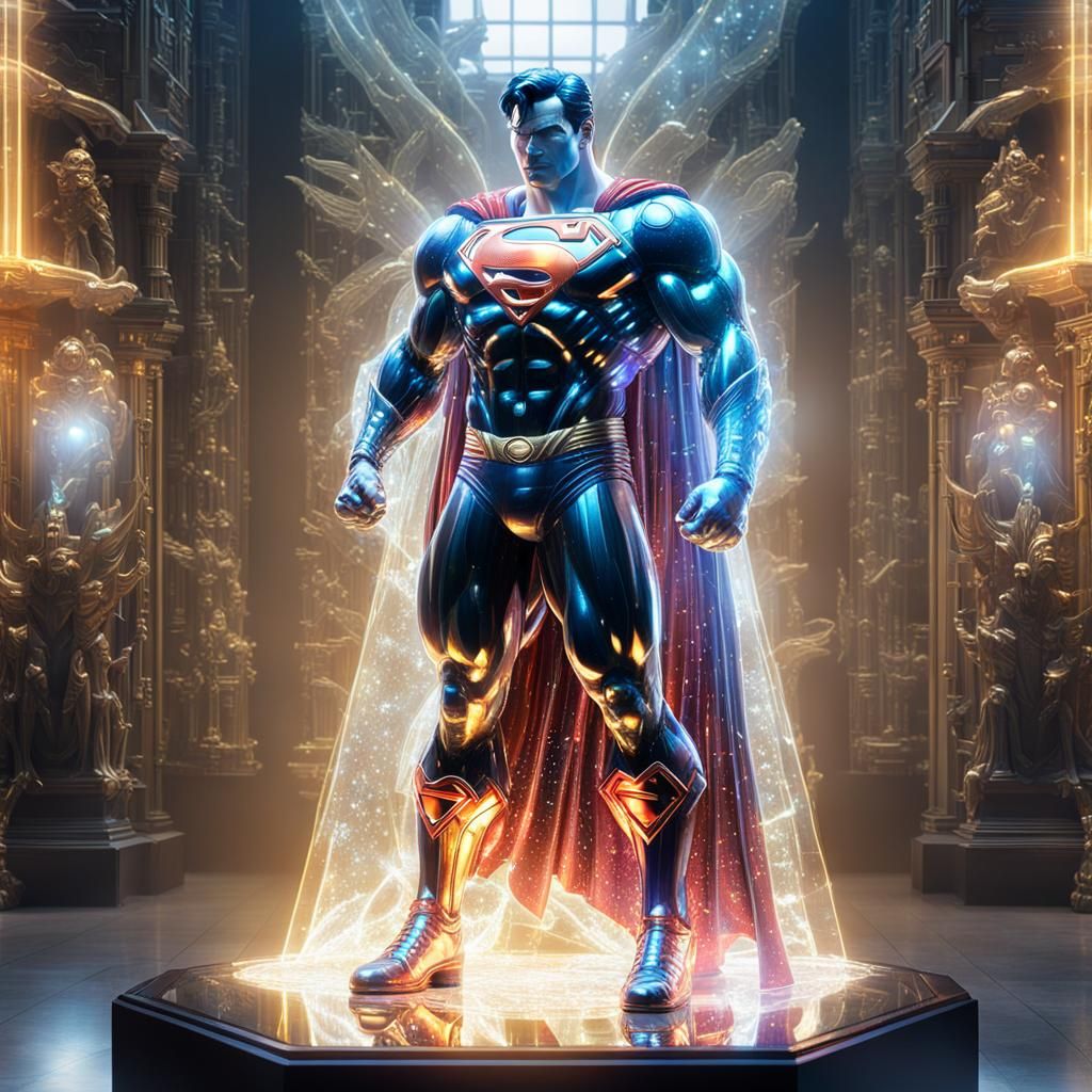 Translucent Crystal Superman Statue in Vibrant Fantasy Style