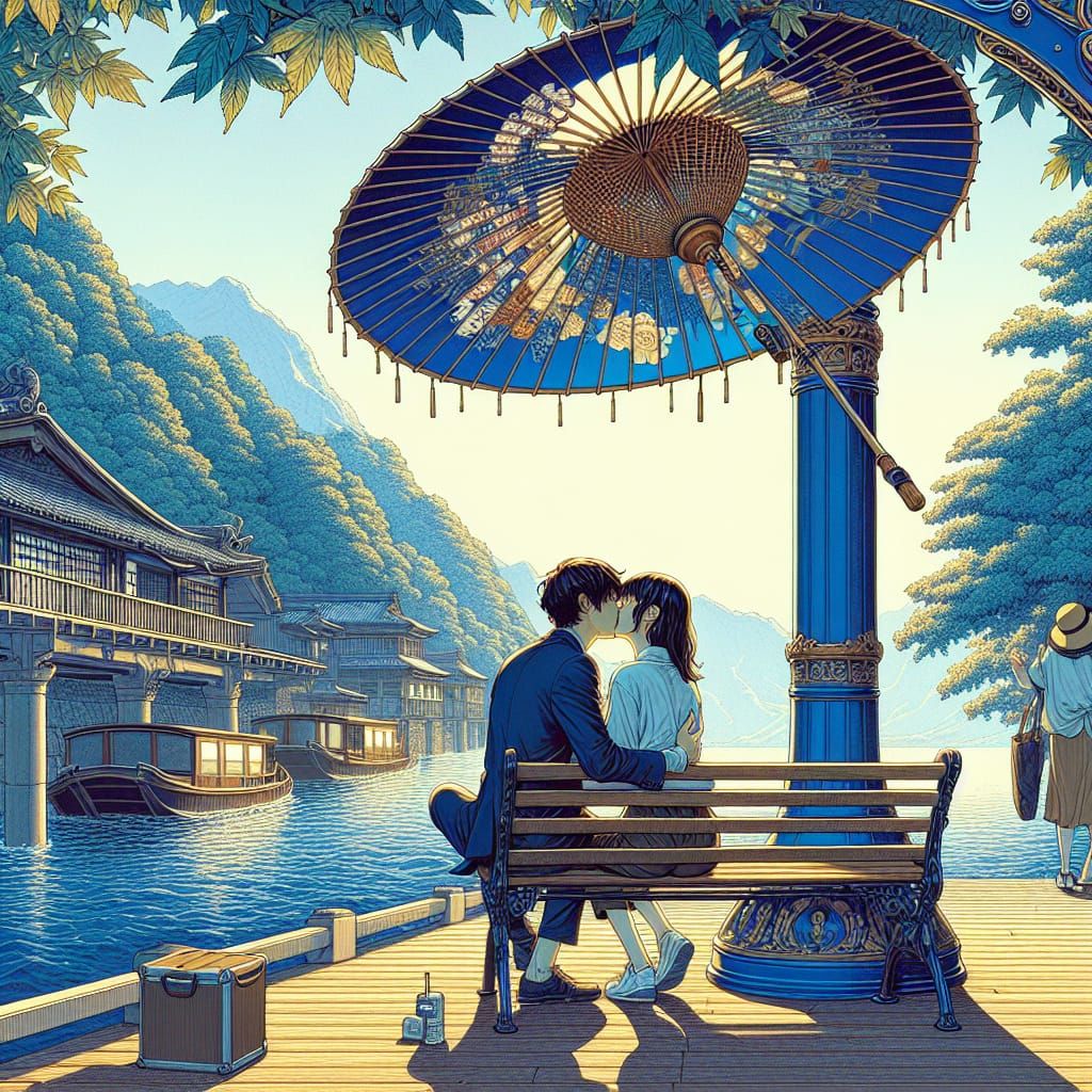 Kissing Couple Under Blue Column in Ukiyo-e Style