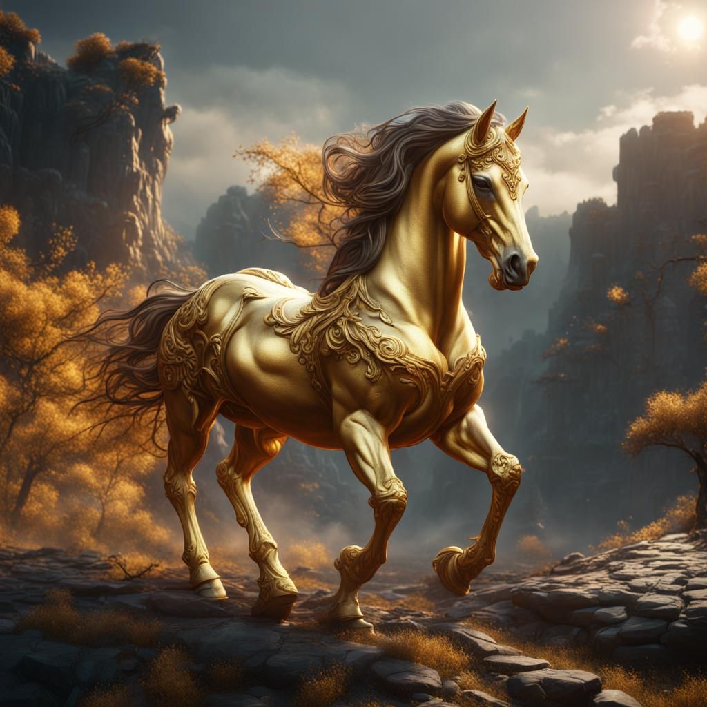 Detailed Gold Horse Fantasy Concept Art