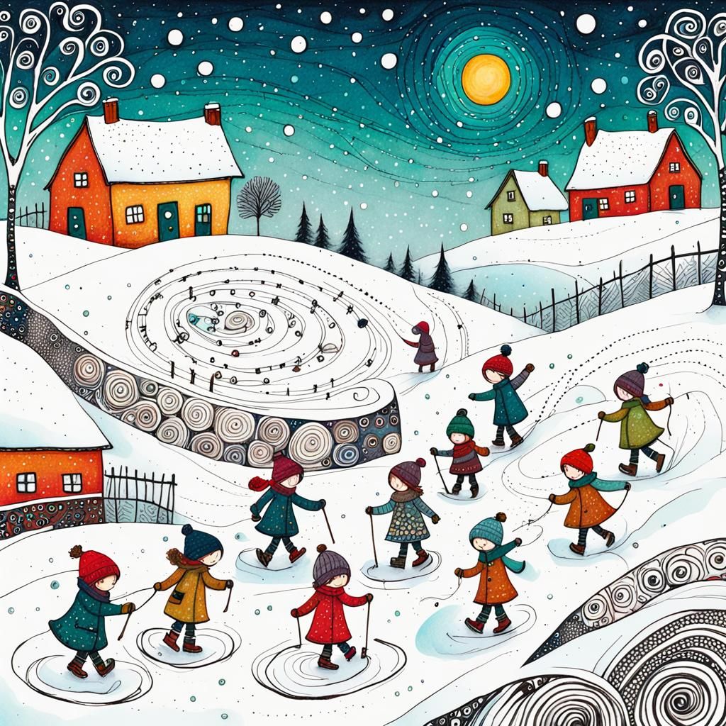 Children Playing in Zentangle Snow: Whimsical Abstract Art