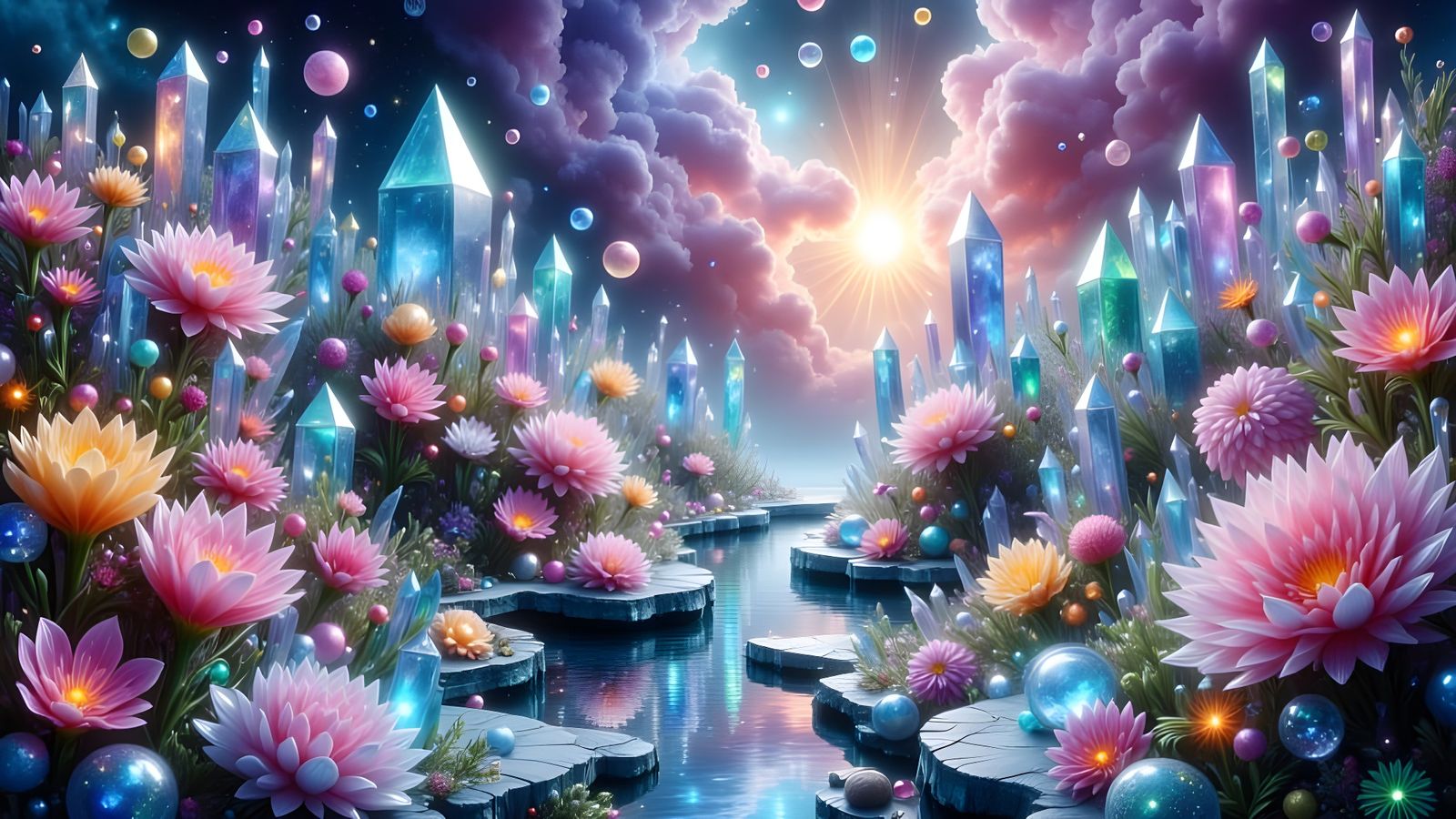 Opalescent Cosmic Garden with Rainbow Ecosystem