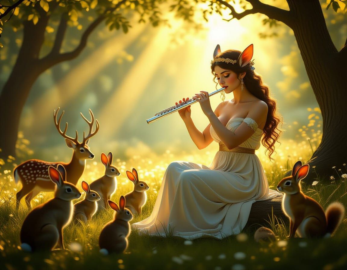 Faun Musician Entertains Woodland Animals in Surreal Meadow