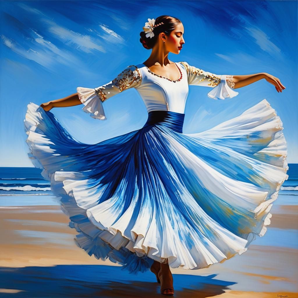 Flamenco Dancer on Beach, Acrylic Painting in Degas Style