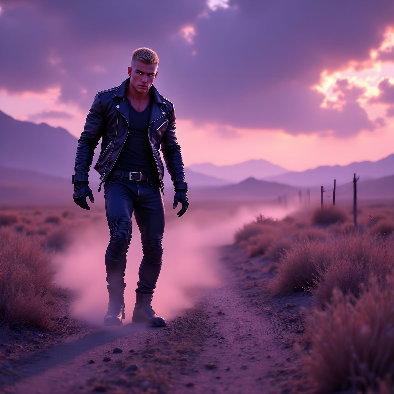 Lone Motorbike Racer in Apocalyptic Wasteland Oil Painting