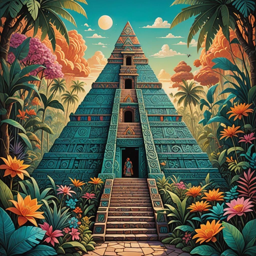 Majestic Aztec-Maya Pyramid in Vibrant, Whimsical Hues