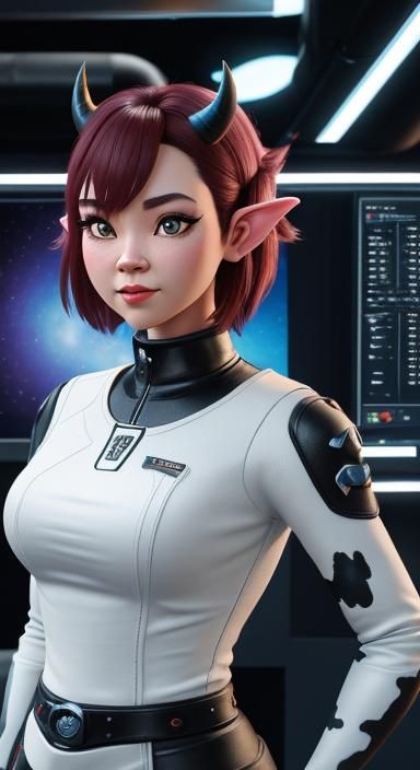 (A female humanoid bovine alien with bull horns:1.15), (large bovine ears:1.0)