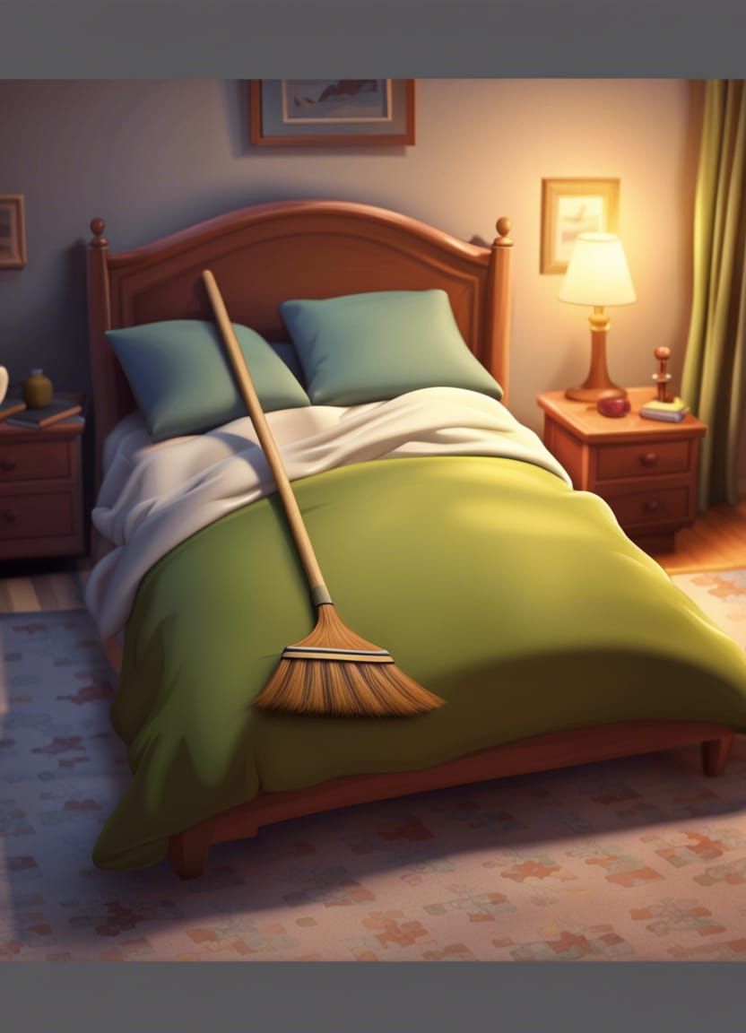 Cartoon Broom Sleeps in Bed: Matte Painting