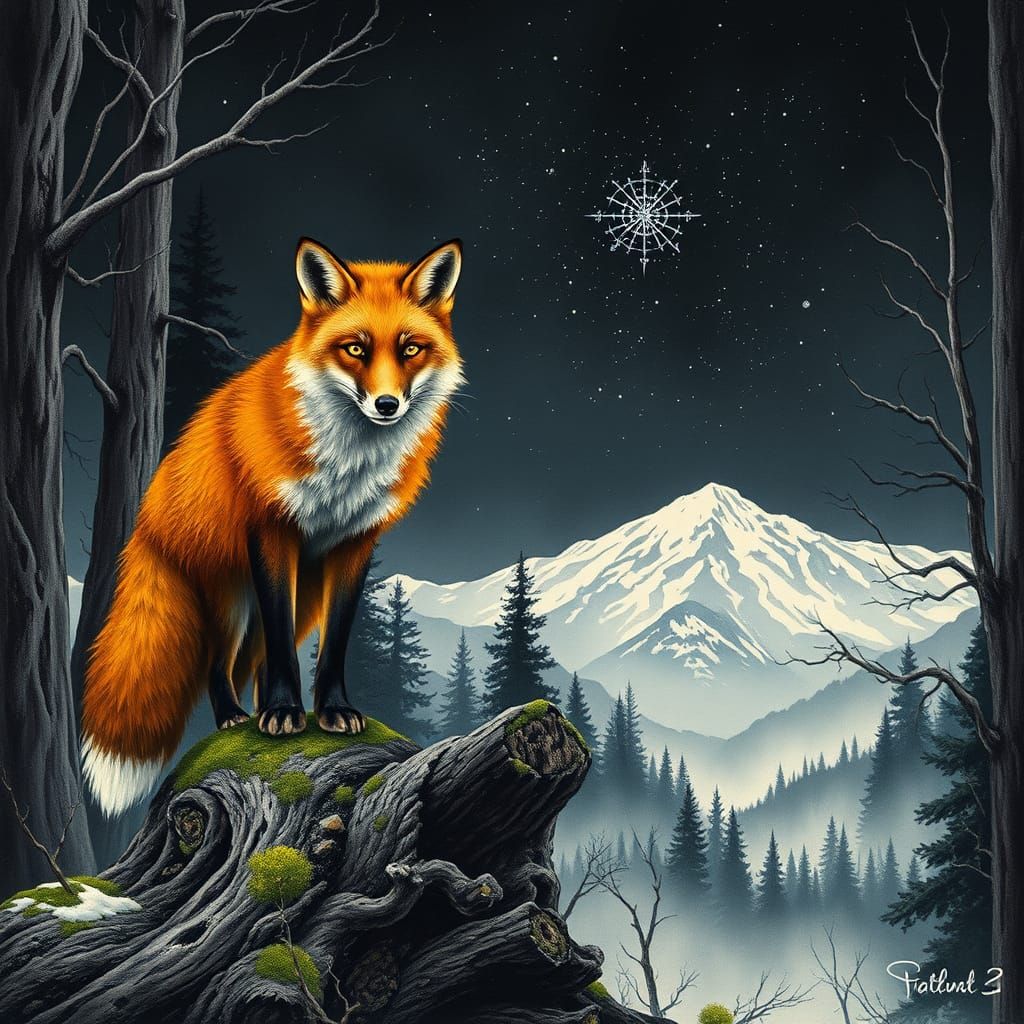 Rusty Red Fox on a Gnarled Log Under Starry Night Sky
