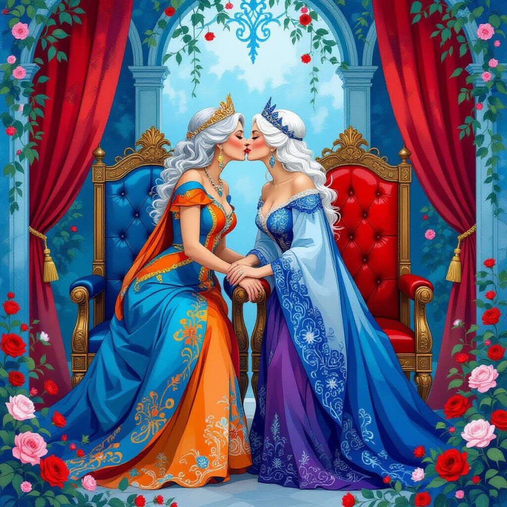 Two Queens Kissing in Hyperrealistic Watercolor Style