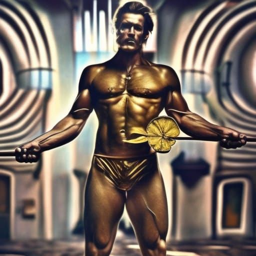 Arnold Schwarzenegger Flexing in Gold Suit, Digital Art