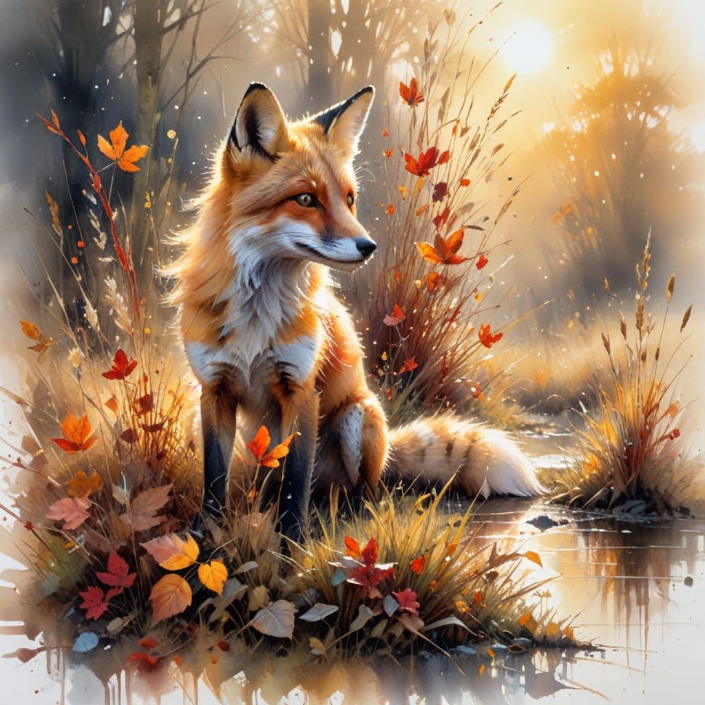 Red Fox in Autumn Meadow: Watercolor Painting