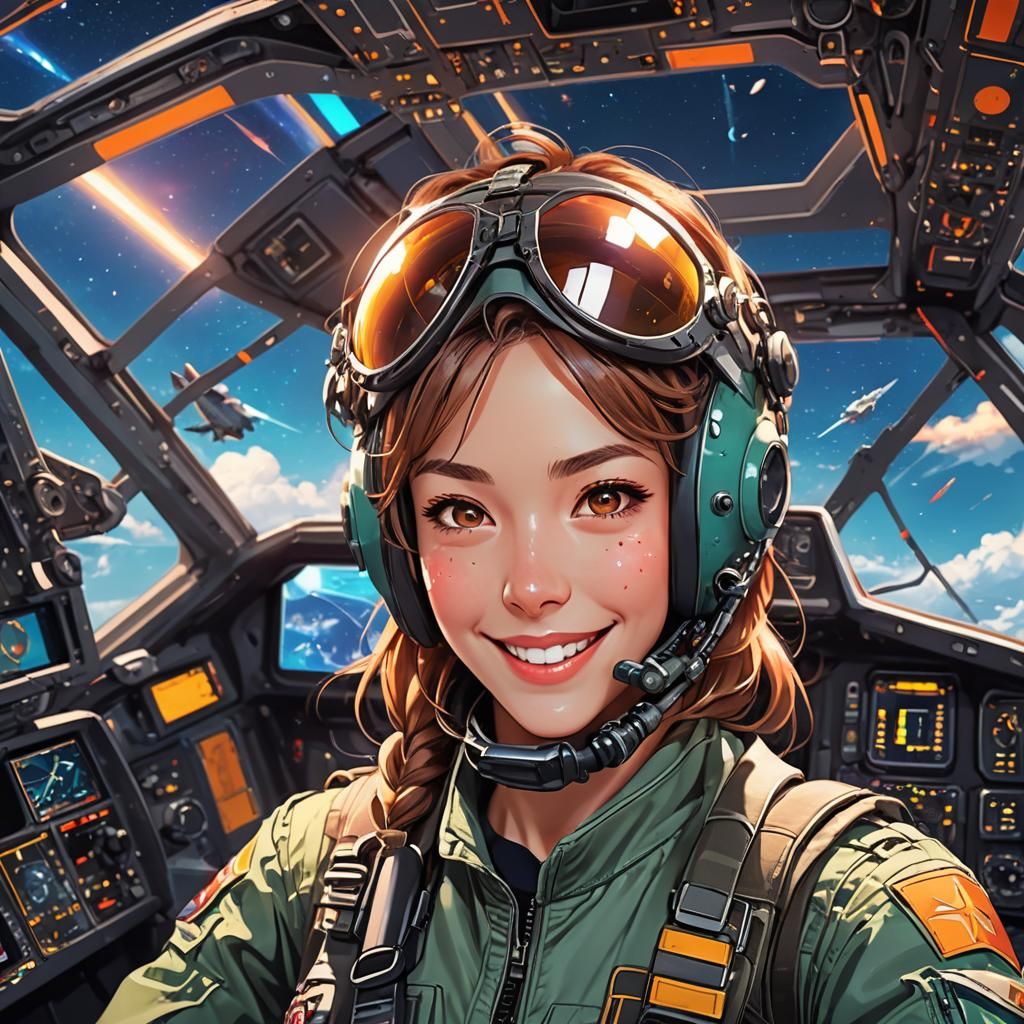 Joyful Anime Fighter Pilot in Nanoplane Cockpit