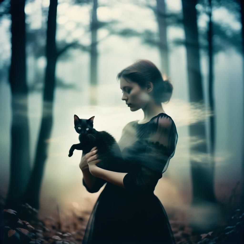 Ethereal Double Exposure: Woman and Cat in Misty Forest