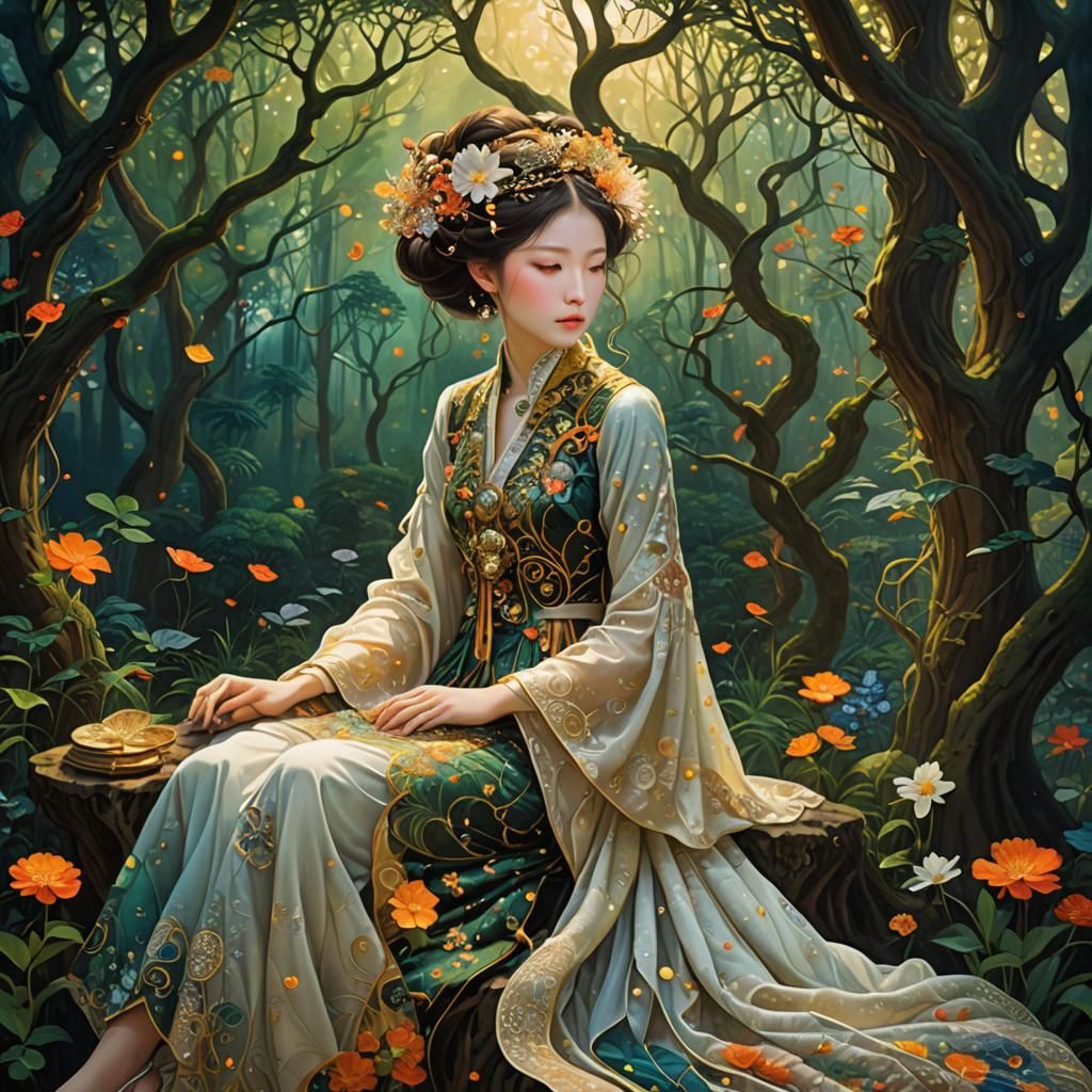 Magical Forest Network in Klimt-Inspired Art